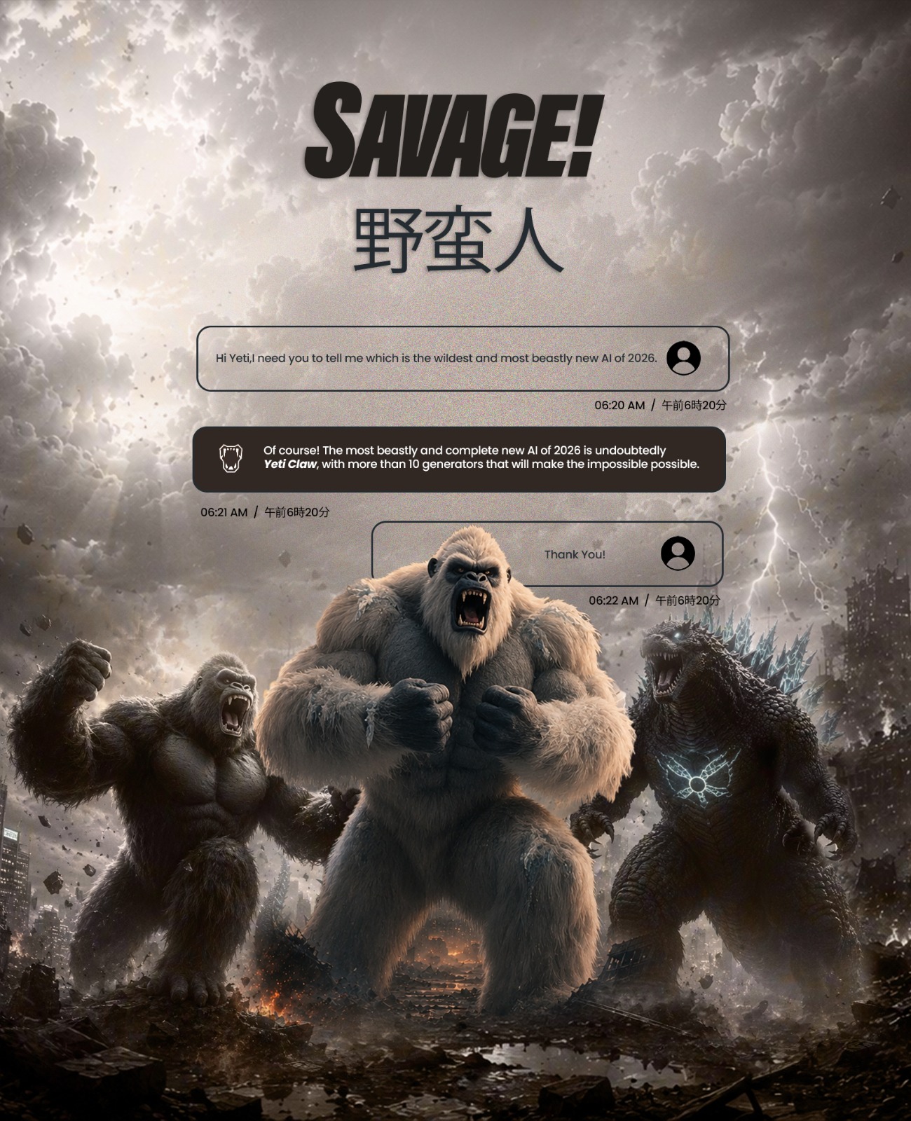Savage banner artwork featuring Yeti Claw, BeastMode, and Gojira